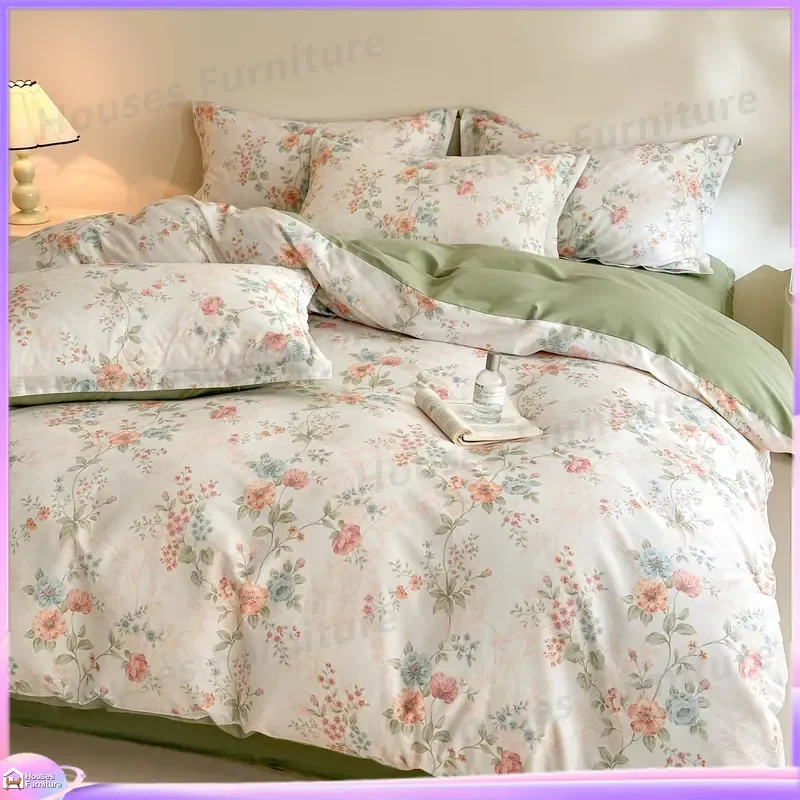 100% cotton floral bed four-piece set ins small fresh pure cotton bed sheet quilt cover Class A student dormitory three-piece