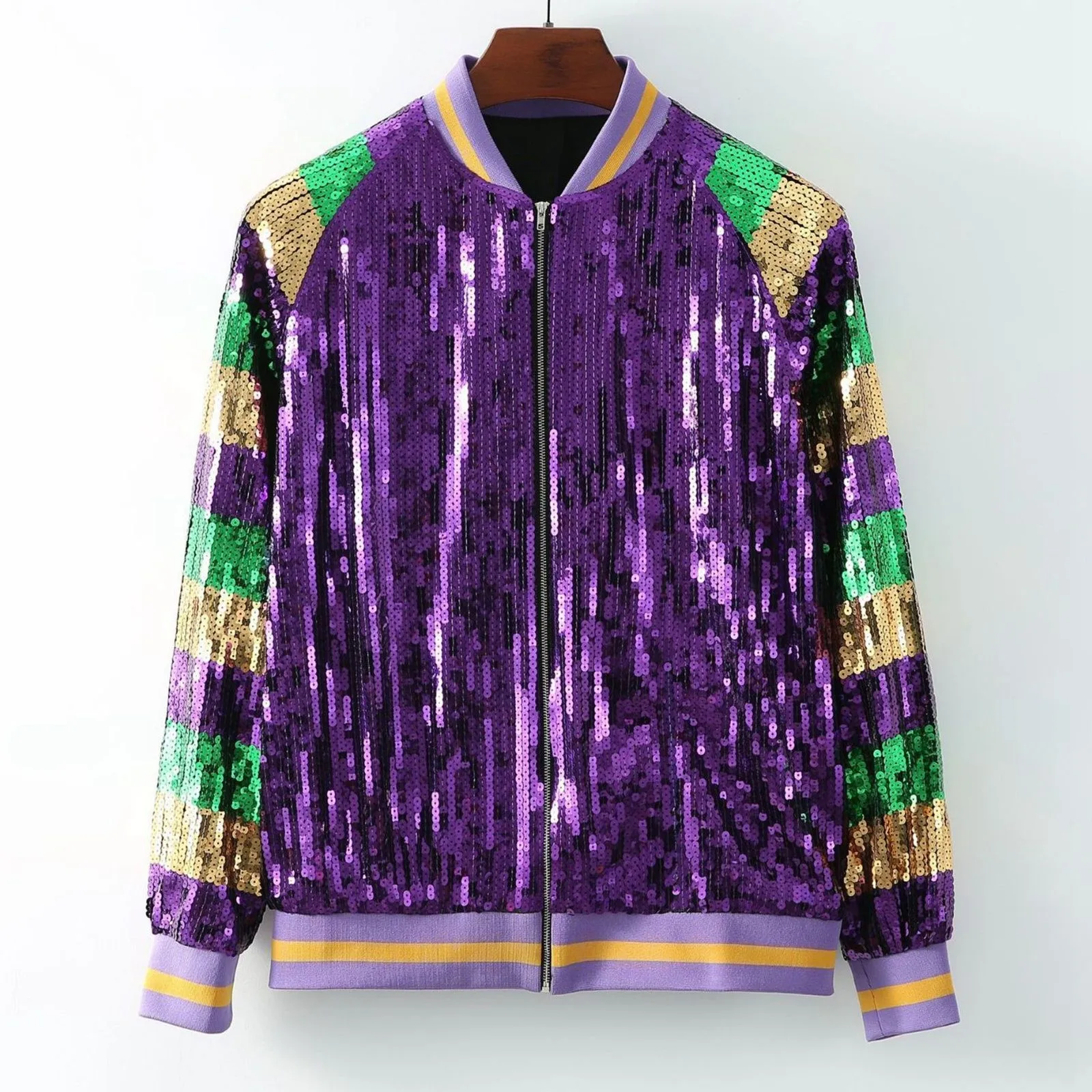 Women's Fall And Winter Sequin Zip Up Sparkly Shiny Long Sleeve Baseball Night Club Carnival Party Jacket Hip Hop Outwear