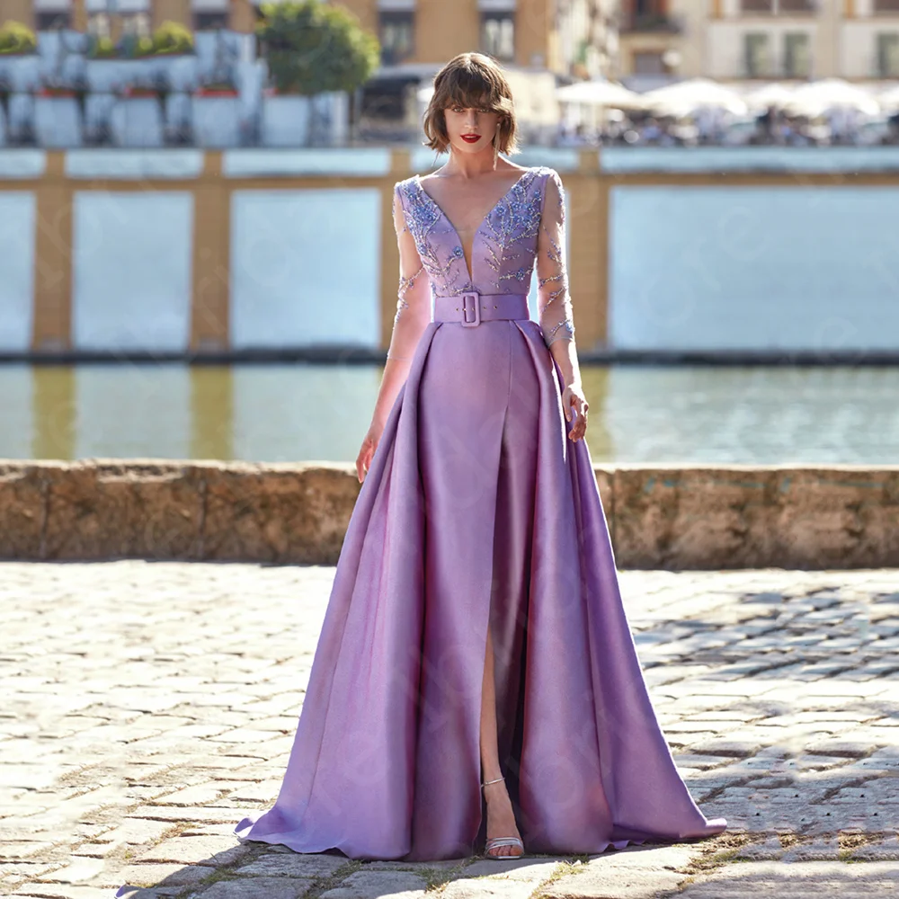 Charming Lilac Mother of the Bride Dress 3/4 Sleeves V Neck Mother Gowns 2024 Beading Front Slit Wedding Party Dress Customized