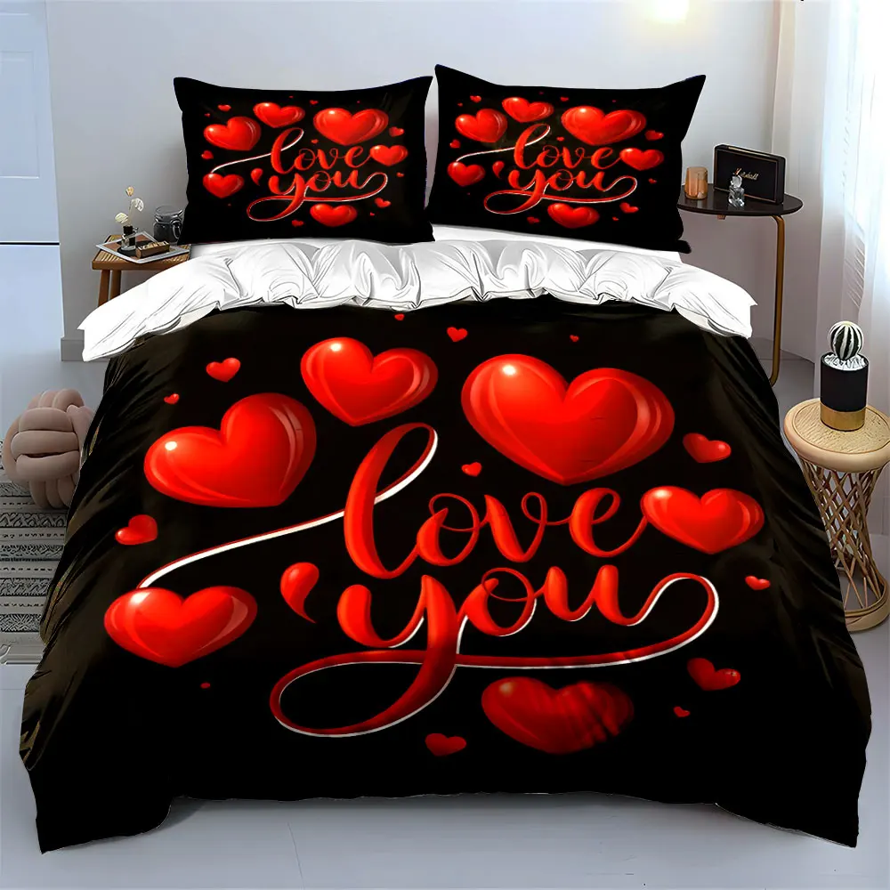 Red Heart Balloon Love Theme Black background Print Soft Comfortable Duvet Cover Bedding Set Included 1Duvet Cover 2Pillowcases