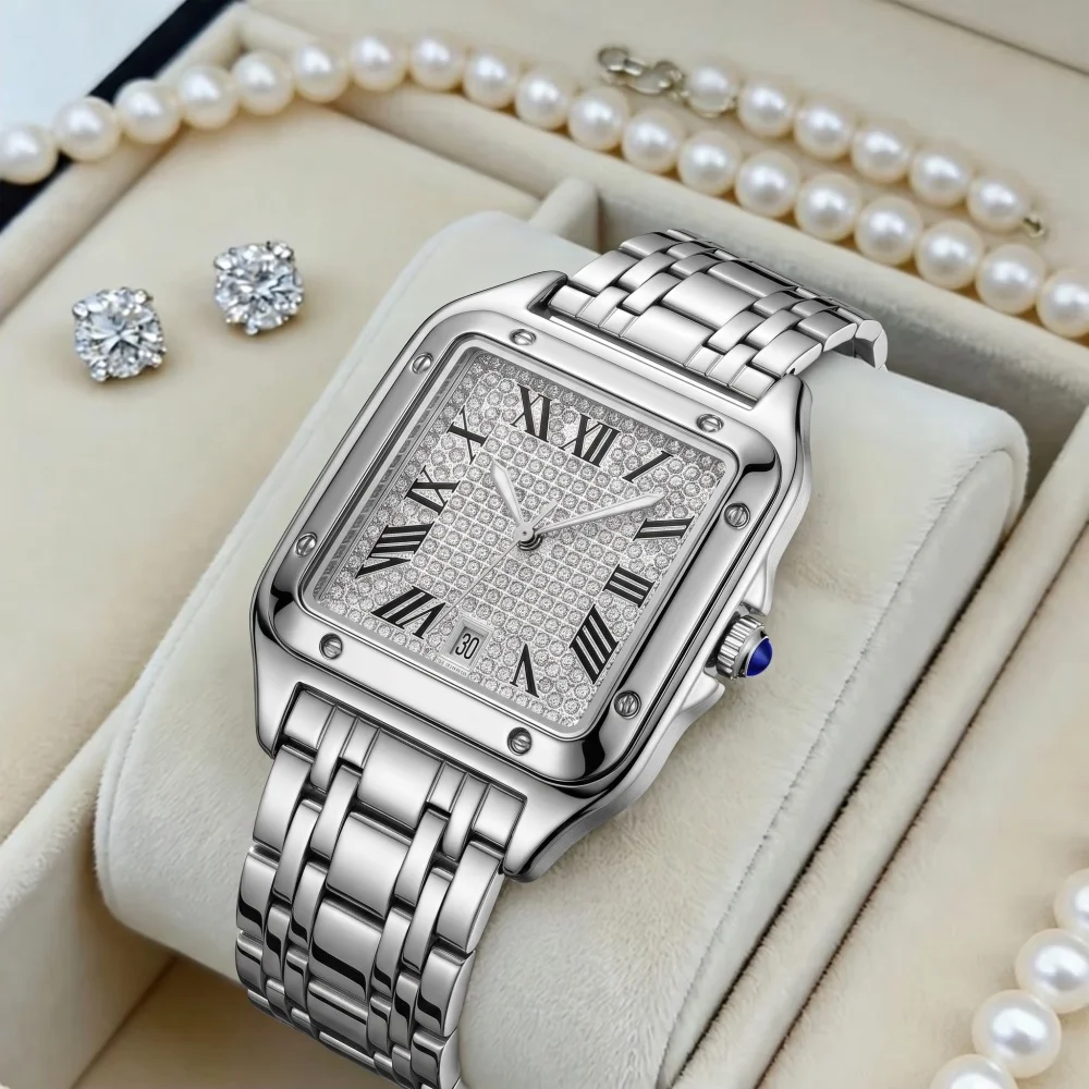 New Square Men's Quartz Watch with Roman Numerals and Diamond-Encrusted Dial, Calendar Display, Waterproof Luminous Steel Band Wristwatch, Light Luxury Business Casual Versatile Men's Watch, Suitable for Gift-Giving