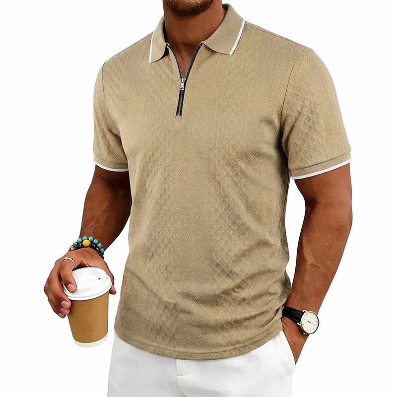 Summer Men's Casual Business Short Sleeve 9-Color Jacquard 1/4 Zip Polo Shirt | Textured Zip Short Sleeve Polo Top