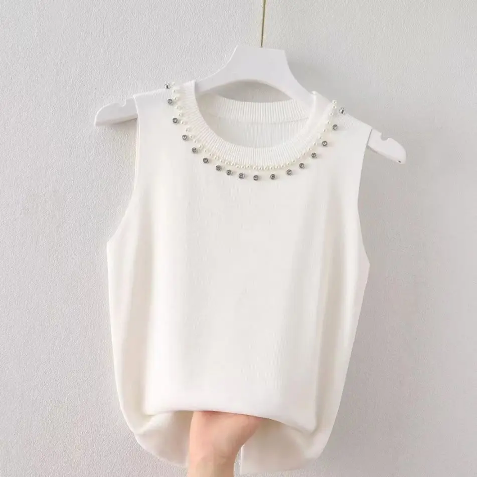 Einfache, beliebte, einfarbige, ärmellose Strickweste für Damen – Vielseitiges Sommer-Oberteil 2026 mit Rundhals und Perlen – Lässiger Trend – Detail 6