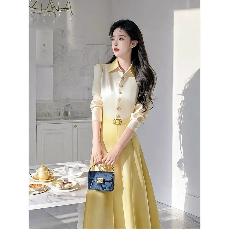 

French Style Elegant Socialite Unique High-end Goddess Style High-end Waist-cinching Yellow Contrast Satin Dress2025Spring