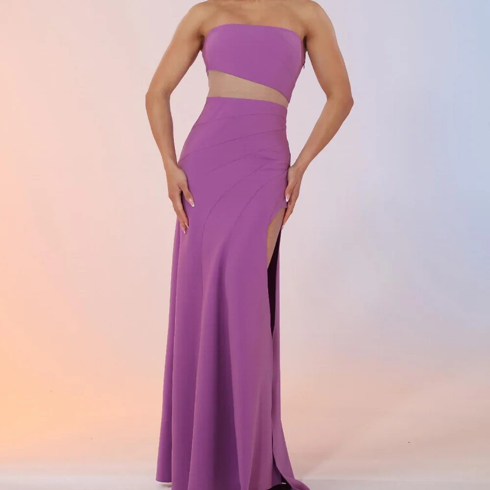 

Classic Strapless Jersey Sleeveless Straight Evening Dress Sweep Train Pleats Side Slit Solid Purple Color Floor Length Formal