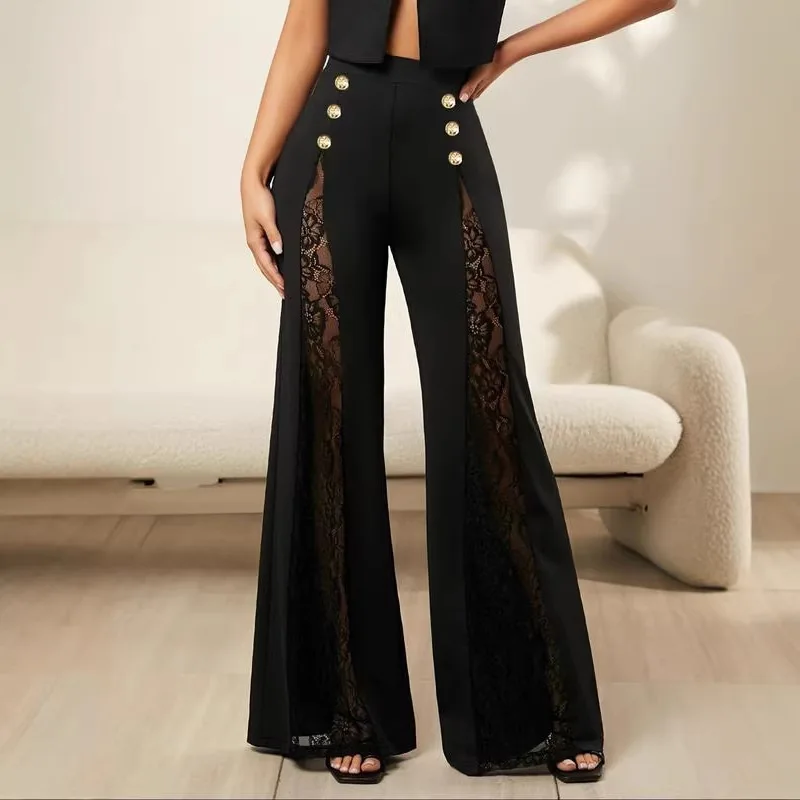 

2026 Women's Solid Color Lace Spliced Flare Pants Trousers