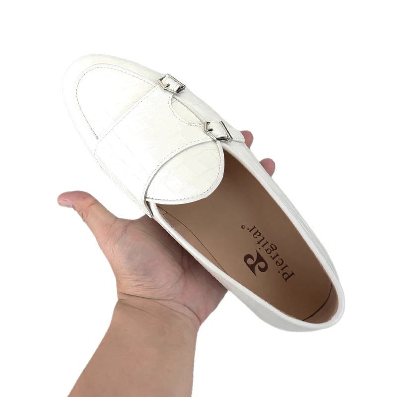 Piergitar Six Colors Embossed Calf Leather Double-Monk Belgian Loafers With Metal Buckles Handcrafted Slip-On Flats For Party