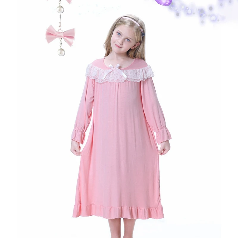 Autumn Girl velvet Vintage Princess Nightgown Sleepwear Children Pajama Dress Double-sided Plush Long Sleeve Bow Lace Nightdress