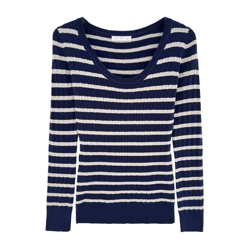 Autumn Winter New Unique Beautiful Striped Slim Fit Inner Wear Women's High-End Feel Wearable Knitted Base Shirt Top 3