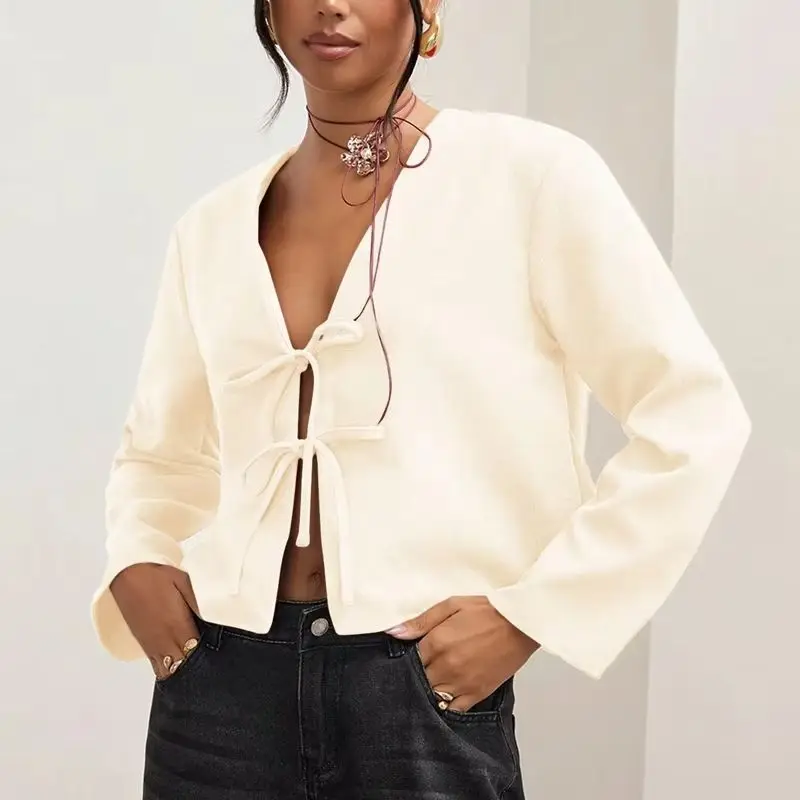 Abrikoos dames casual blouse met striksluiting, sexy overhemd, comfortabele pasvorm, modieuze top voor kantoor- en vrijetijdskleding