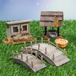Dollhouse Mini Wooden Arch Bridge with Railing Water Well Chicken Coop Miniature Fairy Garden Micro Landscaping Decoration Model