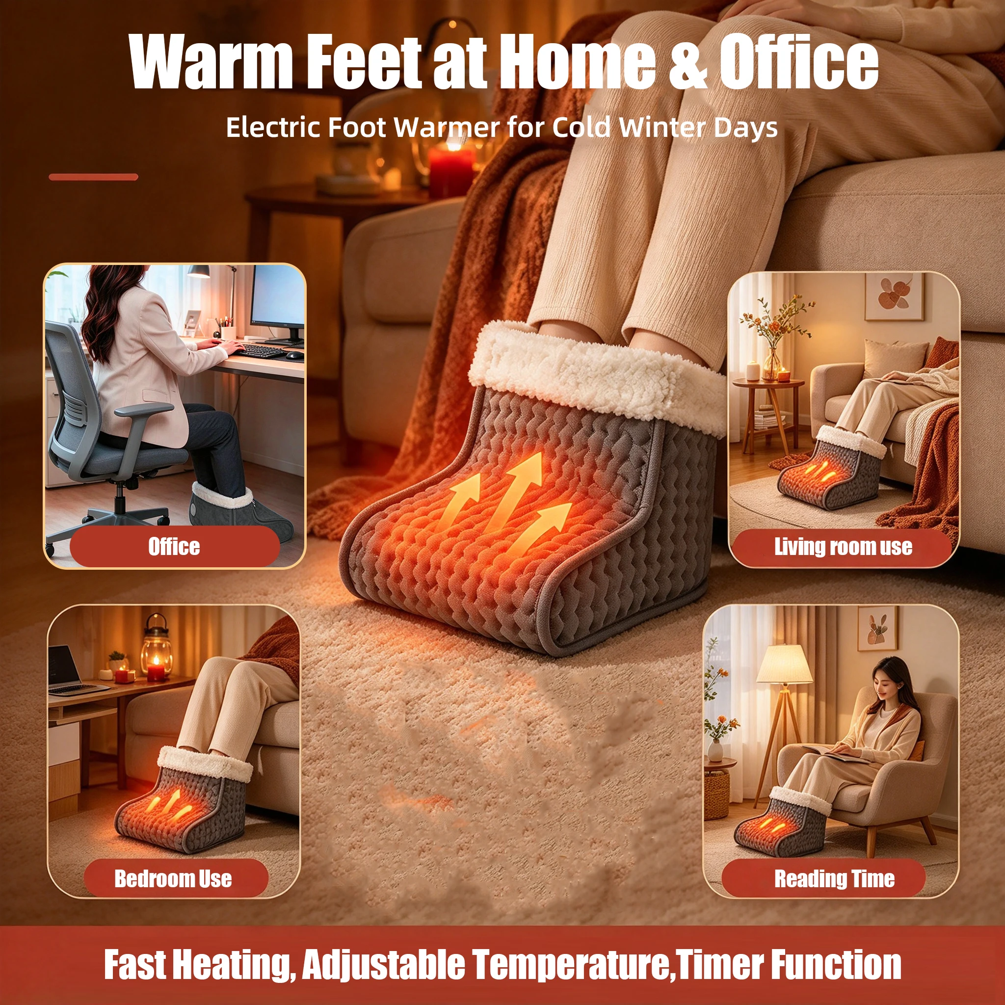 Plush Heated Foot Warmer Boot 9 Levels Temp Timing Electric Foot Heater Winter Foot Warming Pad Home Office