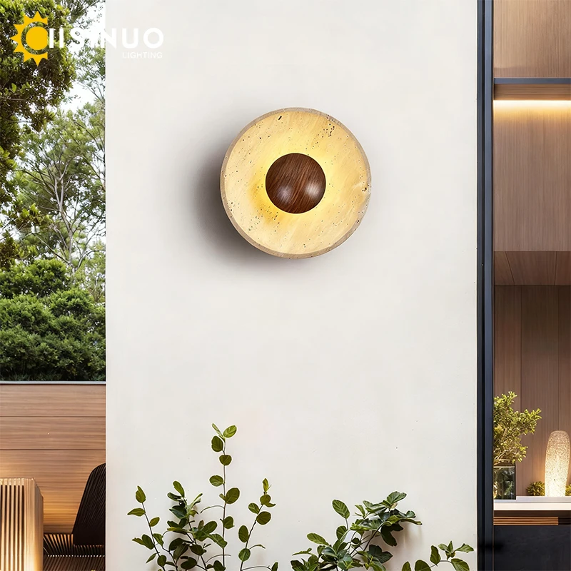 

Outdoor Waterproof Wall lamp Retro Natural Stone Round LED Porch Light D25cm Wood Walnut Color for Villa Garden Lighting Fixture