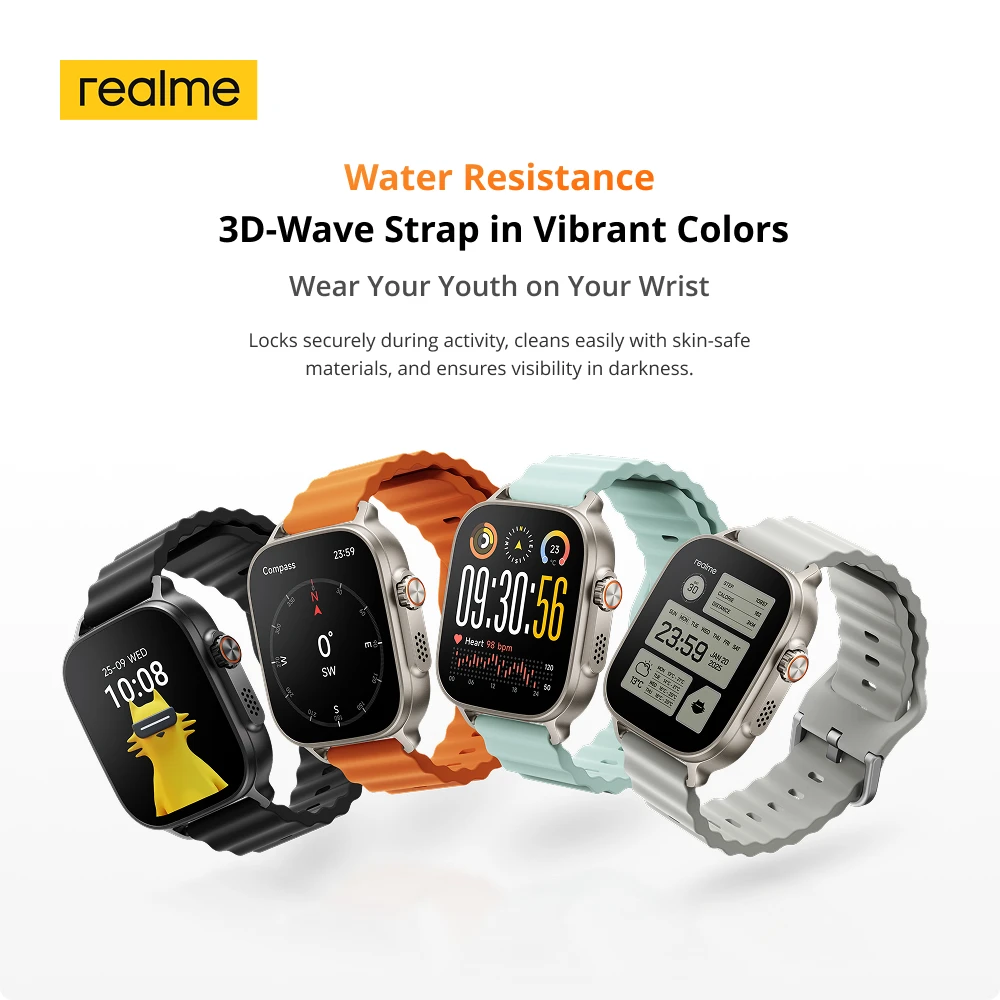 ساعة Realme 5 الذكية الإصدار العالمي 1.97 بوصة شاشة AMOLED لمراقبة الرياضة والصحة عمر البطارية لمدة 14 يومًا IP68 بلوتوث 5.3