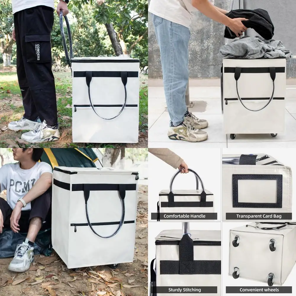 

Сумка-тележка среднего размера бежевого цвета с колесами, ручкой, 3 карманами и крышкой на молнии, выдерживает до 46 фунтов.