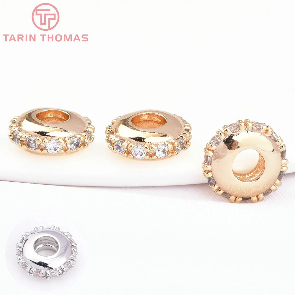 (7817)6 Stück 9x3,5mm 24 Karat Gold Messing mit Zirkon runden Septum Perlen Halsketten Perlen hochwertige Schmuck Befunde Zubehör