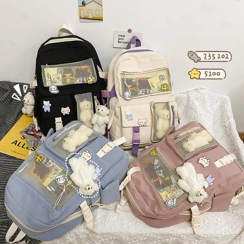 Backpack High Capacity Cute Aesthetic Girls School Bag Multiple Pockets Bear Accessories Anime School Bags For Girls