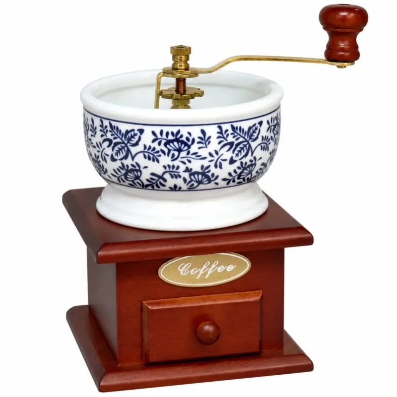 Ręczny młynek do kawy w stylu vintage z mechanizmem ceramicznym i drewnianą podstawą, regulowany młynek do ziaren kawy z szufladą do przechowywania, klasyczny niebiesko-biały design, 12x12x21cm — 2