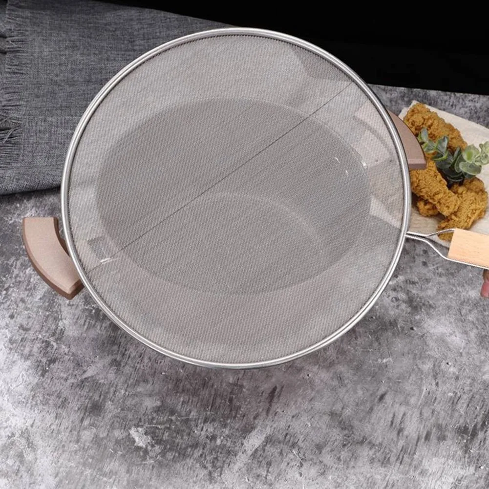 Stainless Steel Splatter Guard for All Cookware Types with Heat-Resistant Wooden Handle and Space-Saving Hang Hole