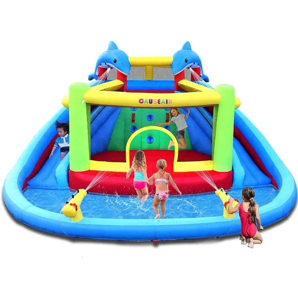 

Inflatable Water Slide with Bounce House, Splashing Pool,Double Water Cannon,Climbing Wall,Heavy Duty GFCI Blower