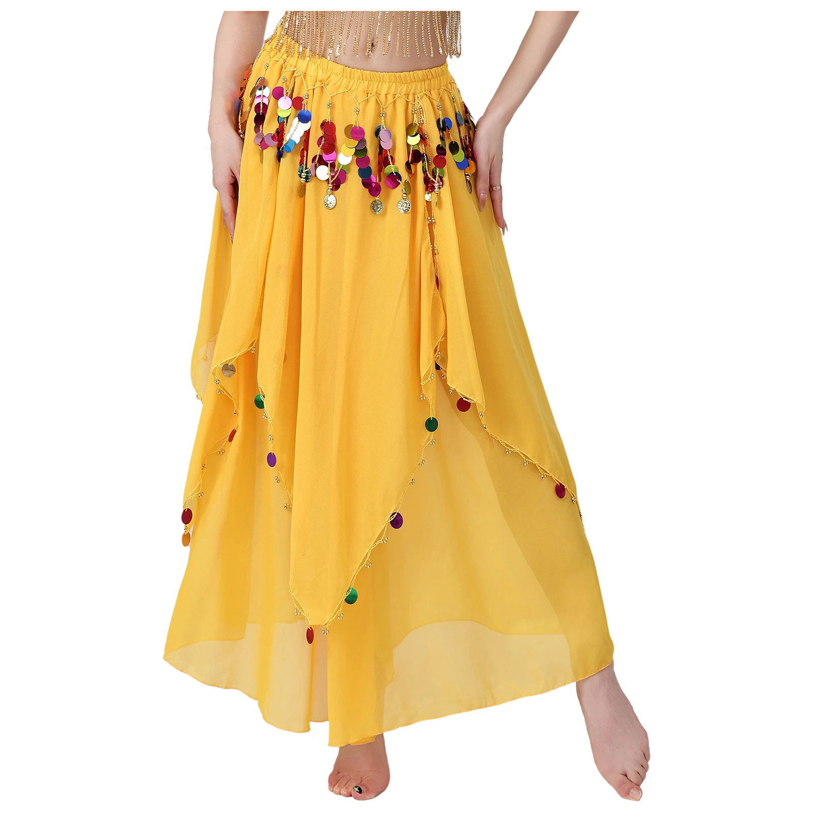 Vrouwen Lyrische Buikdans Prestaties Chiffon Rok Glittery Pailletten Kwastje Rok Danskleding voor India Folk Buikdanskostuums
