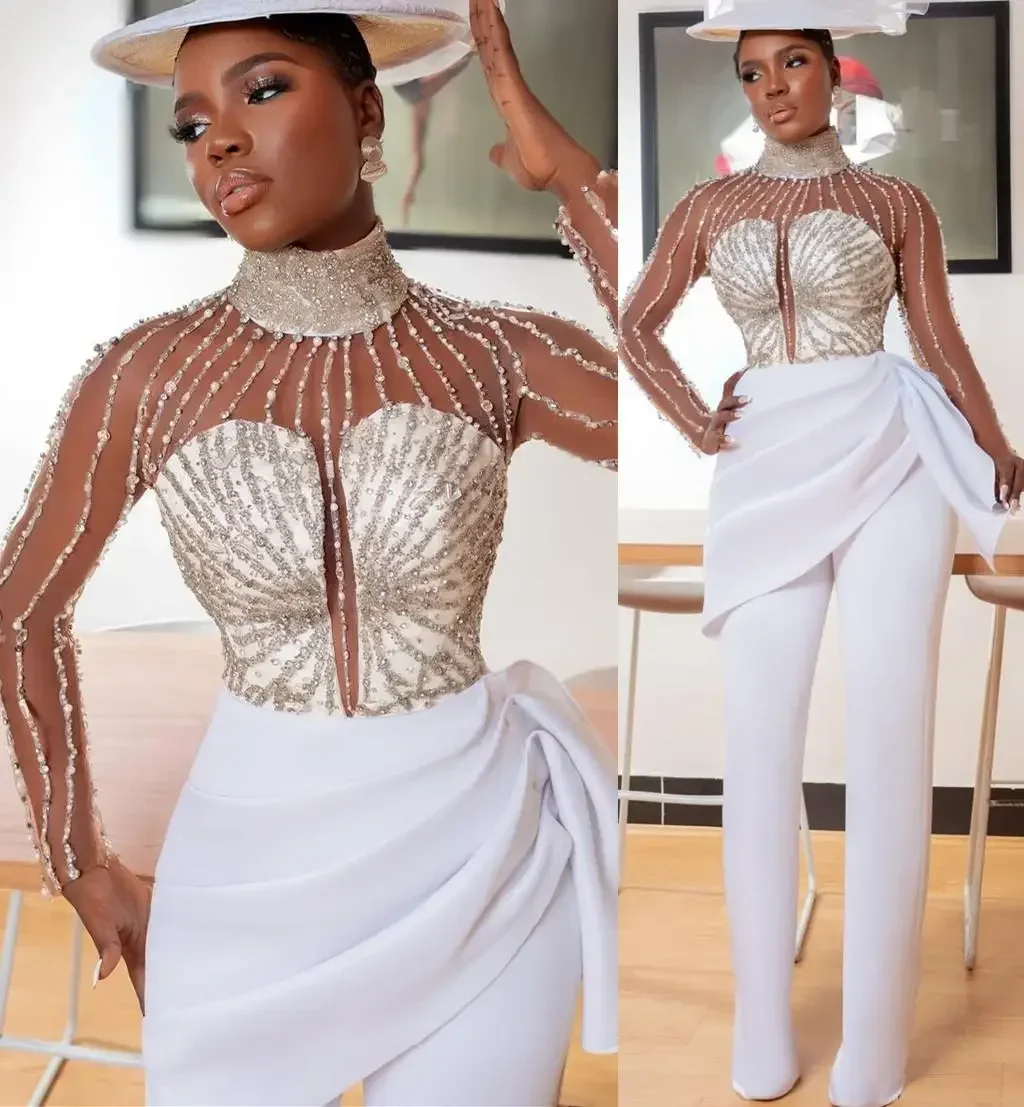 Customized Beauty High Neck Beads Sequins Jumpsuit Wedding Dress Satin Illusion Long Sleeves Bridal Gowns 2024