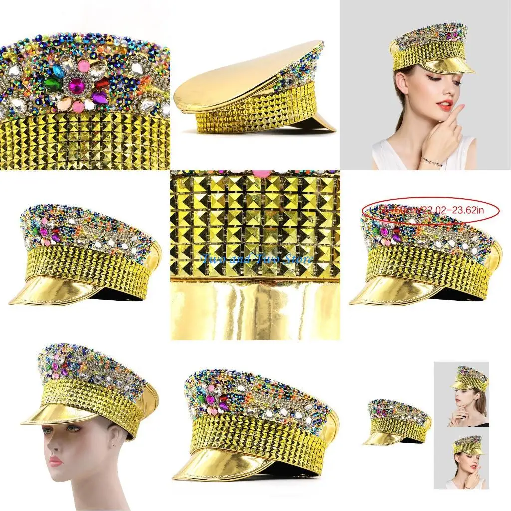 

HX6F Steampunk Cap Fashion Captain Hat Glittering Bride Sergeant Hat Hiphop Stage Hat