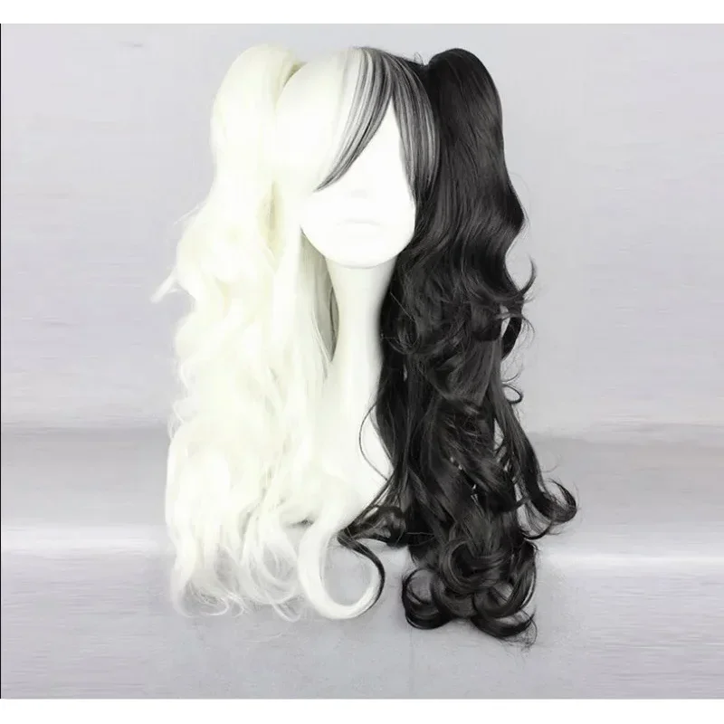 Danganronpa monokuma feminino longo rabo de cavalo encaracolado peruca cosplay traje branco preto mix resistente ao calor perucas de cabelo sintético peruca boné