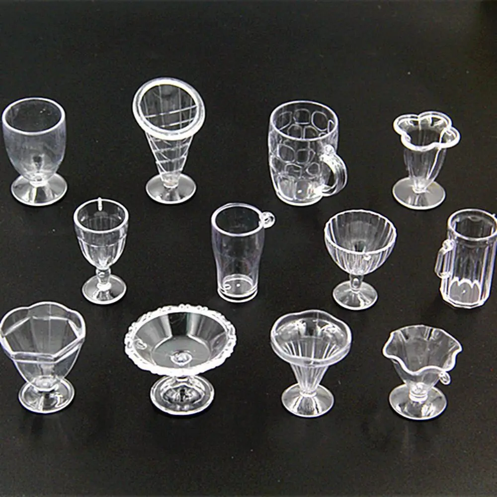 12PCS Transparent Plate Cup Doll Kitchen DIY Toys Ice Cream Bowl Miniatures Goblet Mini Cup Dollhouse Accessories Doll Accessory
