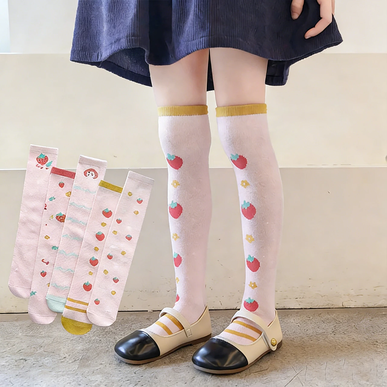 Spring Summer Girl Over-Knee Socks Cotton Pink Strawberry Kids Calf Sock Cute Cartoon Print Children Long Stockings Length 35cm