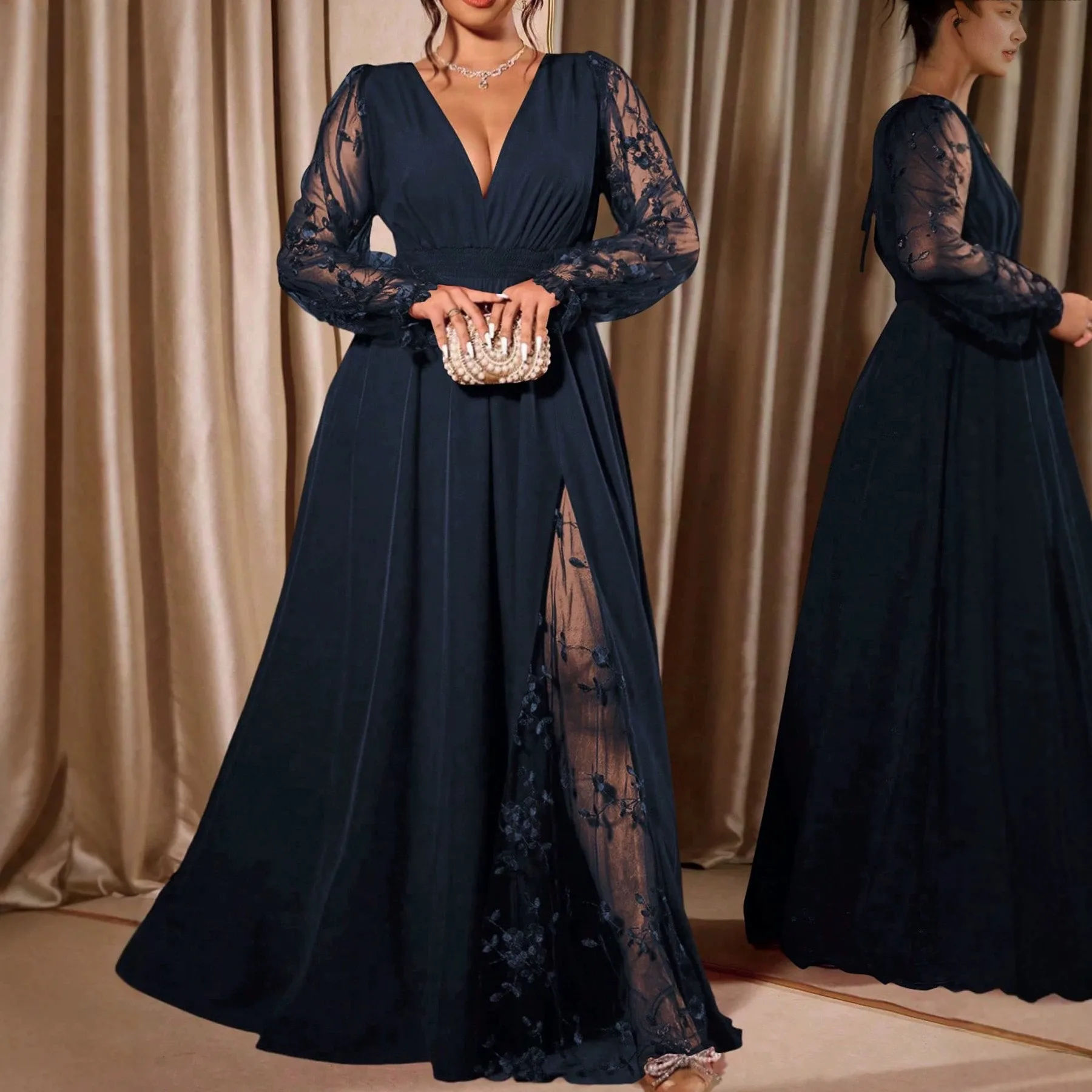 Long Sleeve Patchwork Gown Maxi Length Yujie Style with Hollow Out Flared Skirt Party Dress for Women Summer Elegant Deep V