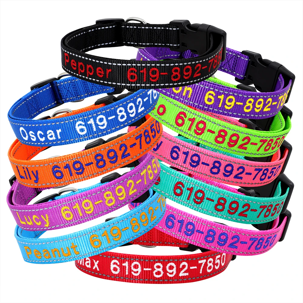Personalisierte bestickte Hundehalsbänder aus Nylon, individuelles Welpen-ID-Namenhalsband für kleine, mittelgroße und große Hunde, verstellbares Haustierhalsband – Detail 4