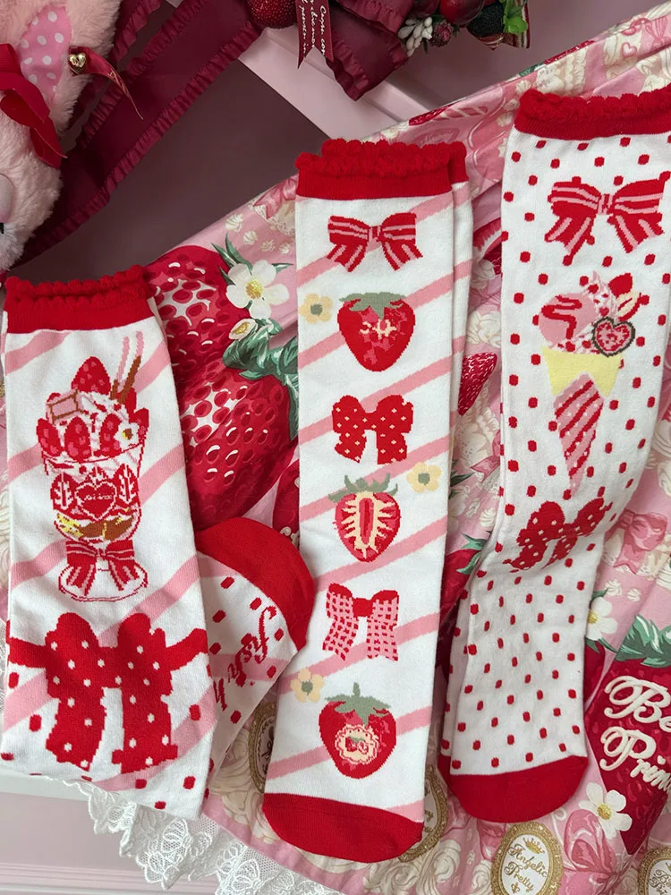 

Оригинальные носки до середины икры с клубничным мороженым, женские кружевные носки до середины икры с японским бантом в горошек LOLITA