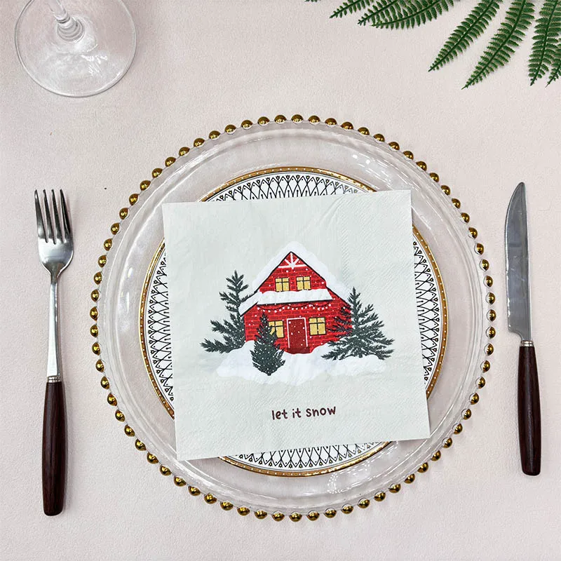 20pcs 33cm 2Layer New Christmas Elements Napkins Red House Christmas Tree White Disposable Paper Meal Mat DIY Decoupage Paper