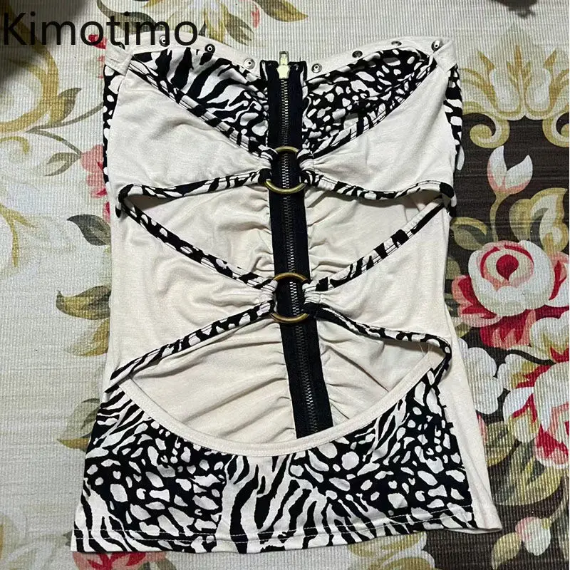 

Kimotimo Vintage Zebra Striped Zipper Tube Top Women Y2k Aesthetic Folds Slim Fit Backless Corset Vest Harajuku Street Tanks New