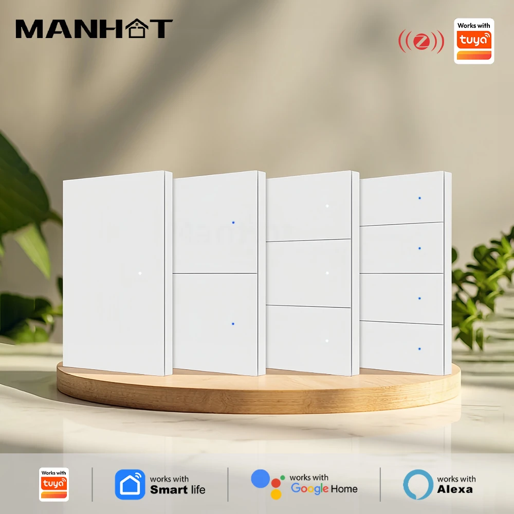 MANHOT Zigbee Smart Switch Neutral Wire Required Push Button Light Switch US Light Switch Work With Tuya Alexa Google Home