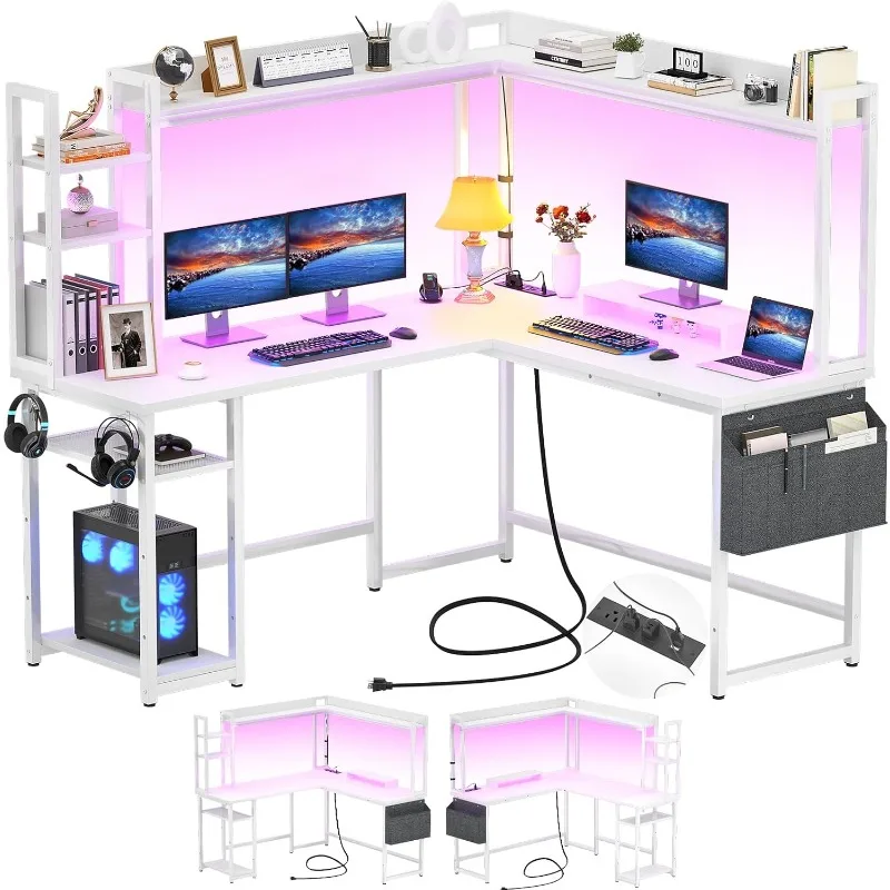 

L Shaped Desk with Power Outlet, L Shaped Gaming Desk with Led Light & Hutch, Reversible Home Office Desk, Corner Computer