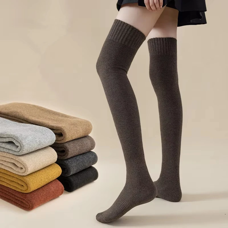 1 Pair Women Autumn Winter Solid Color Knee High Socks Fashionable Warm Comfortable Thick Looped Outdoor Home Casual Stockings