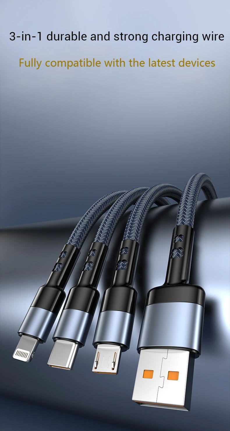 3 In 1 USB Fast Charging Cable 1.2M/2M Type C Micro IOS Multi Charger Cable for Huawei Samsung Nylon Braided Cord