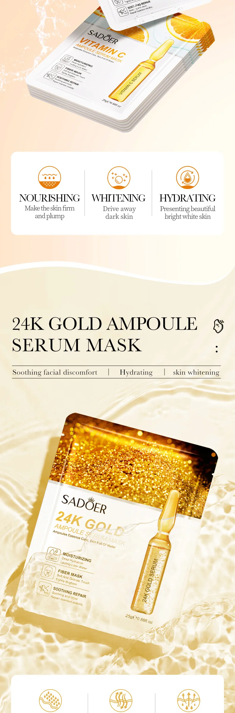 15 Stück SADOER 24K Gold Vitamin C Hyaluronsäure Gesichtsmasken für Gesicht, feuchtigkeitsspendend, straffend, feuchtigkeitsspendend, Gesichtsmaske, Gesichtspflege – Detail 3