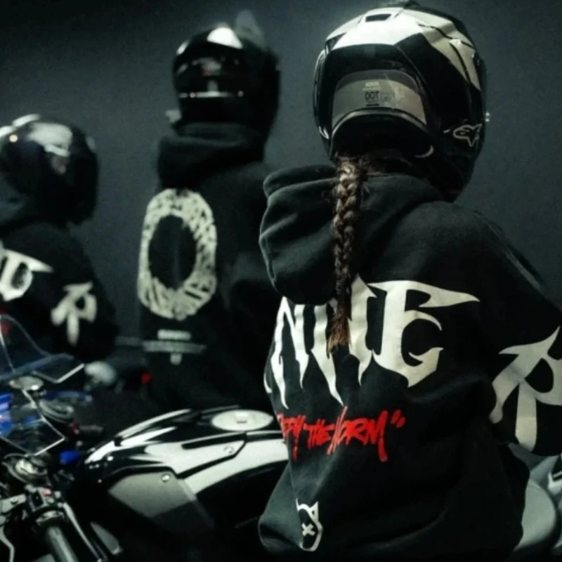 Mens Tytin Bapanova Reflective Print Hoodie Gothic Graphic Sweatshirt Streetwear Punk Loose Black Style Motorcycle Riding Hoodie
