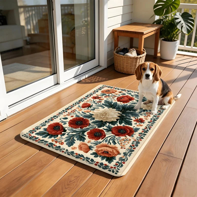 Bath Mat Flannel Red White Poppy Floral Door Mat Soft Bathroom Floor Mat for Entryway Kitchen Home