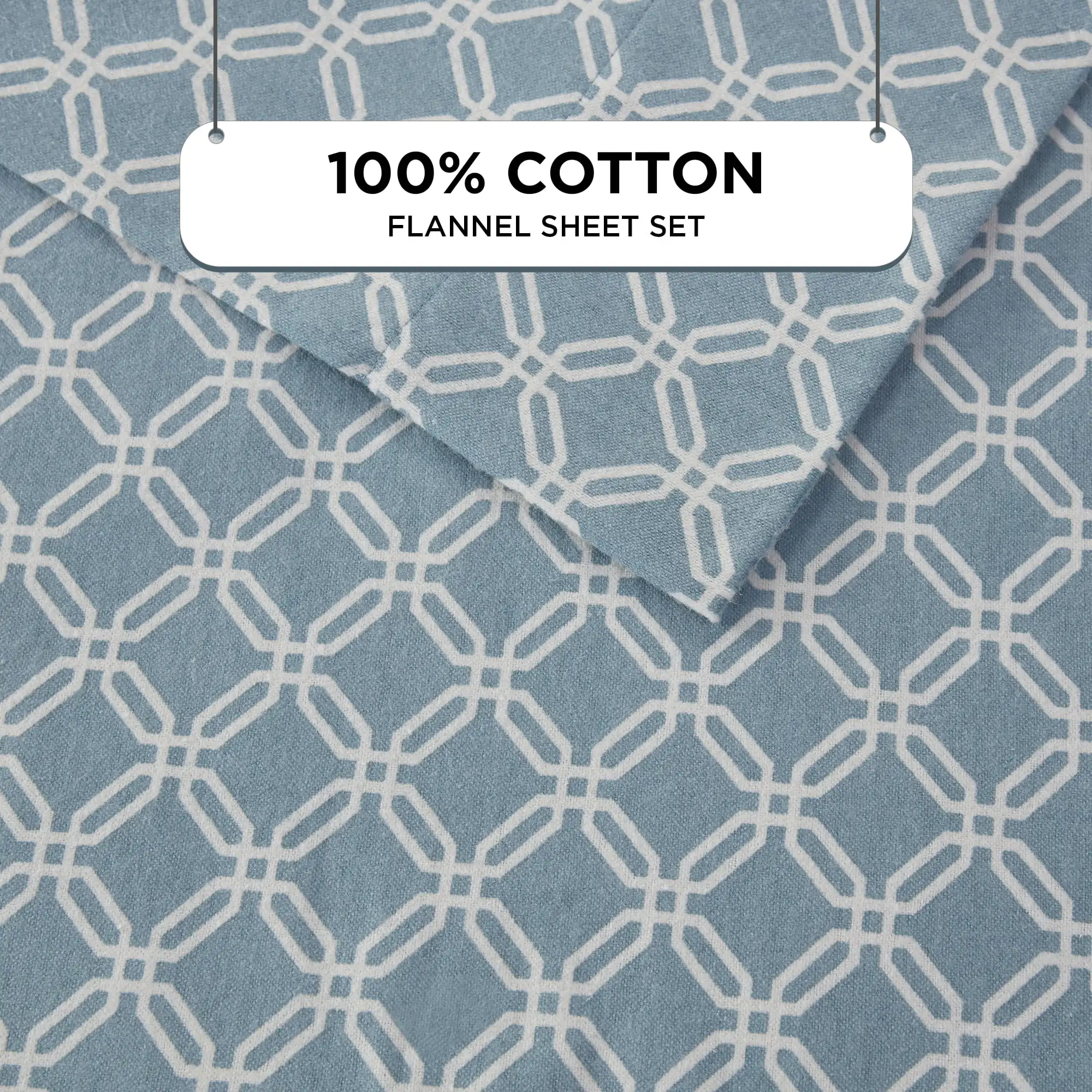 Conjunto de lençóis queen size, lençóis de flanela de algodão aconchegante de 4 peças queen com lençol de bolso profundo, geo azul