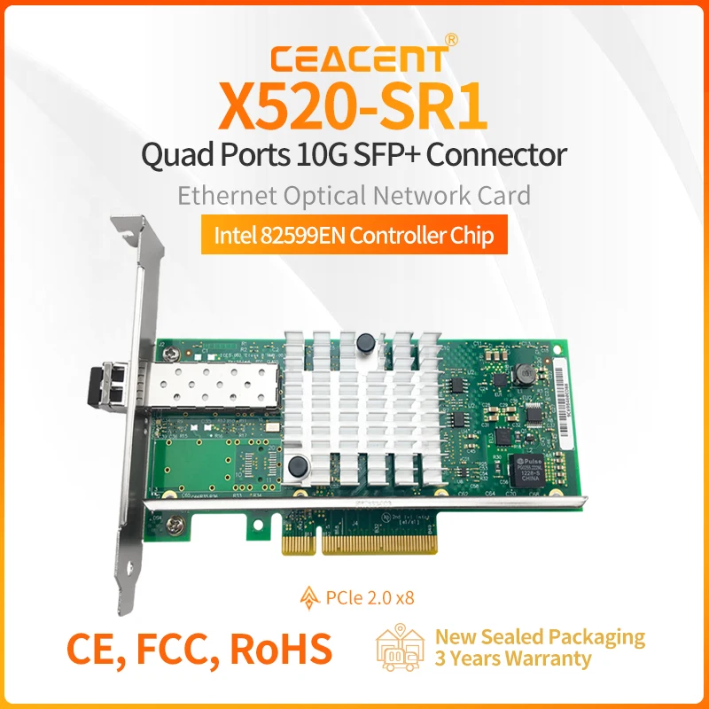 Kartu Jaringan Single-Port X520-SR1 10Gb/s PCIe 2.1 x8 dengan Chipset Intel 82599 NIC dan Transceiver 10G SFP+ 10Gbase-SR Termasuk