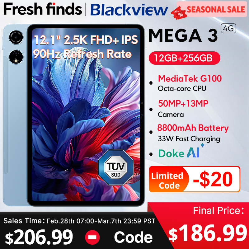  【World premiere】Blackview MEGA 3 Tablet 12.1" 2.5K 90Hz Display Android 15 12GB 256GB 8800mAh 33W Fast Charging 50MP Camera Pad 