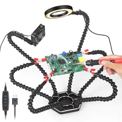 NEWACALOX-Soporte de PCB para soldadura de tercera mano, herramienta para ayudar a manualidades, estación de soldadura de Hobby, ventiladores de refrigeración USB DC, 6 brazos flexibles