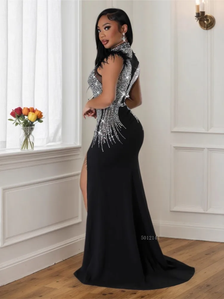2026 Women Sleeveless Sexy Evening Long Mermaid Dress Rhinestone Mesh Patchwork Split Side Elegant Party Maxi Dress Black White