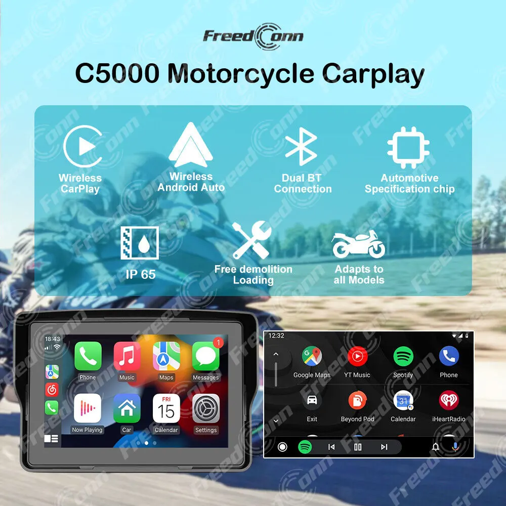 Freedconn C5000 الملاحة دراجة نارية Carplay DVR بلوتوث سيارة اللعب 5 بوصة عرض لاسلكي أندرويد شاشة السيارات مقاوم للماء