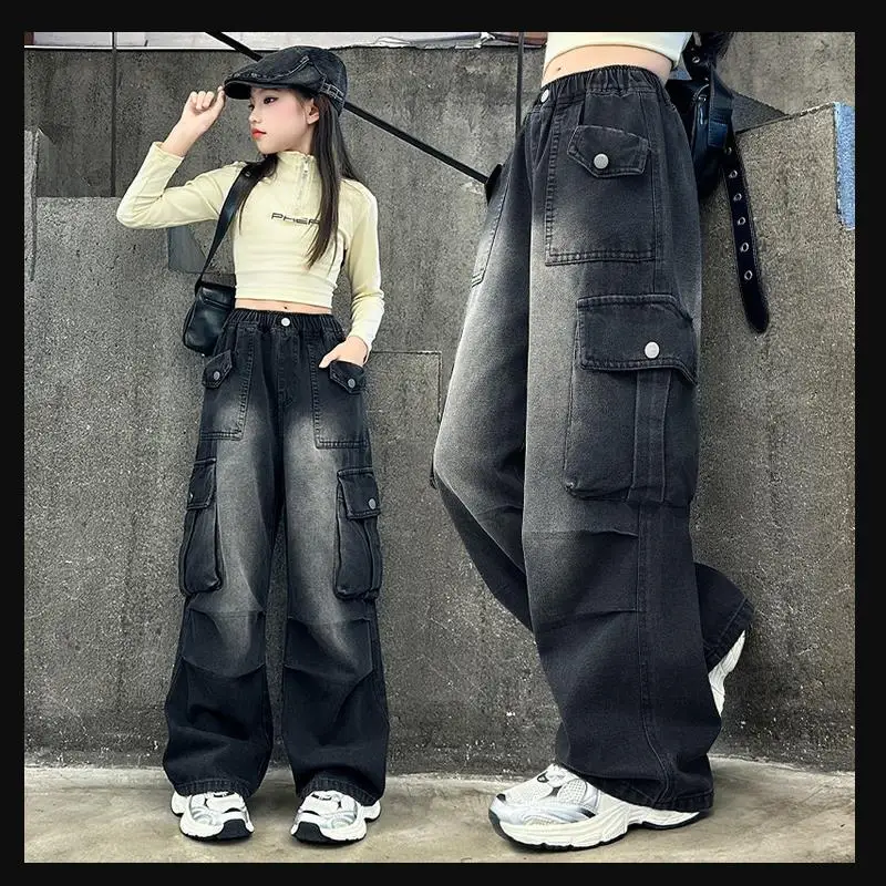 Mädchen Frühling Herbst Cargo Weite Bein Jeans 4-14 Jahre Kinder Elastische Hohe Taille Multi-Taschen Lose Freizeithose – Detail 5