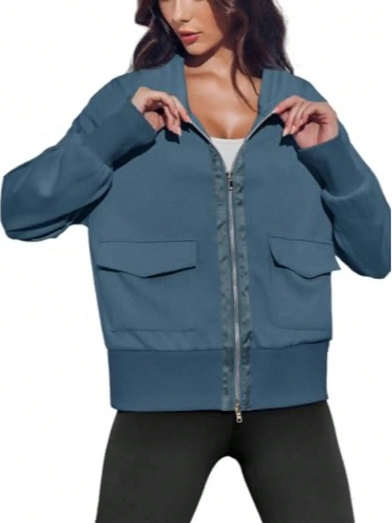 

Fisoew office Lady Zip Up Fleece Jacket Women Oversized Casual Streetwear Spring Fall Fashion With Pockets jacket women blazer